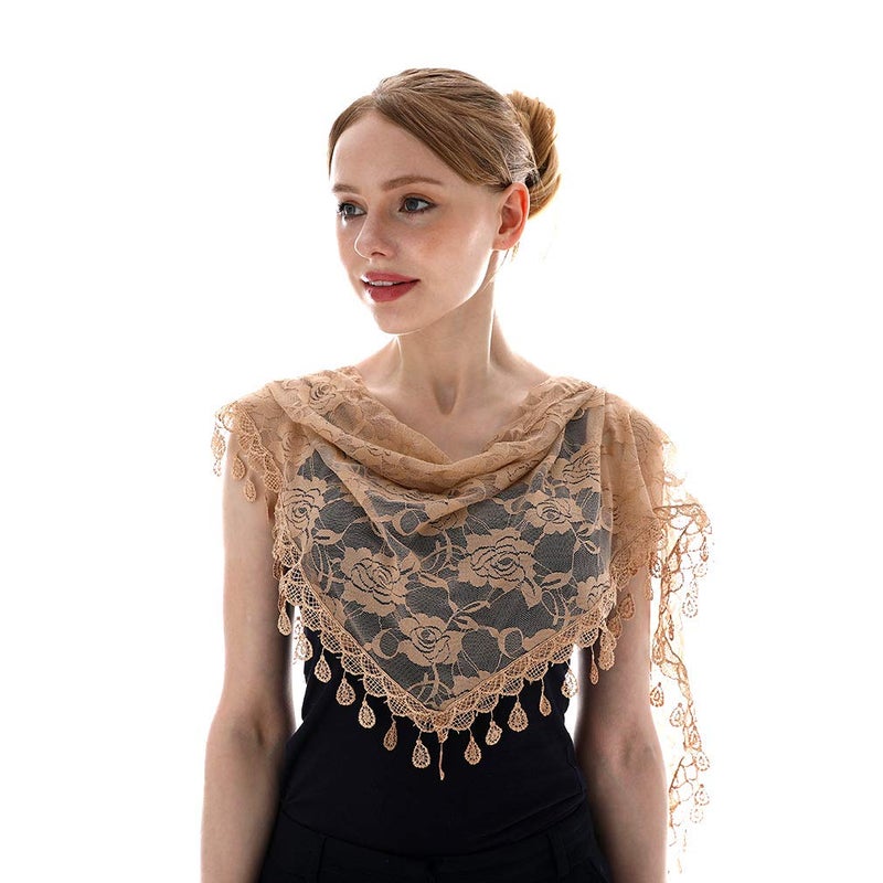 LMVERNA Triangle Tassel Mantilla Veil Lightweight Fashion Floral Soft Lace Scarf (Nude) - Image 4